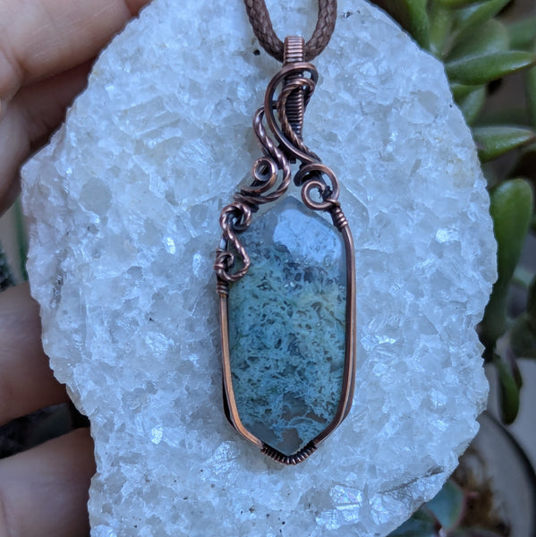 Moss Agate Wire Wrapped Pendant in Oxidized Copper