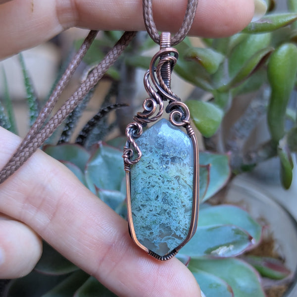 Moss Agate Wire Wrapped Pendant in Oxidized Copper