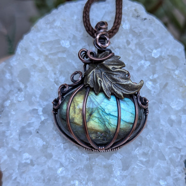 Labradorite Pumpkin Wire Wrapped Pendant in Oxidized Copper