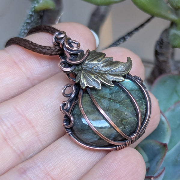 Labradorite Pumpkin Wire Wrapped Pendant in Oxidized Copper