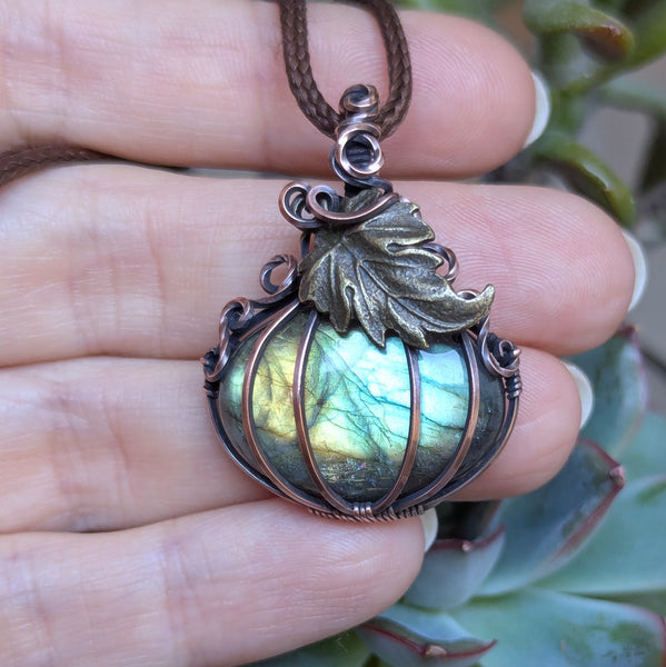 Labradorite Pumpkin Wire Wrapped Pendant in Oxidized Copper