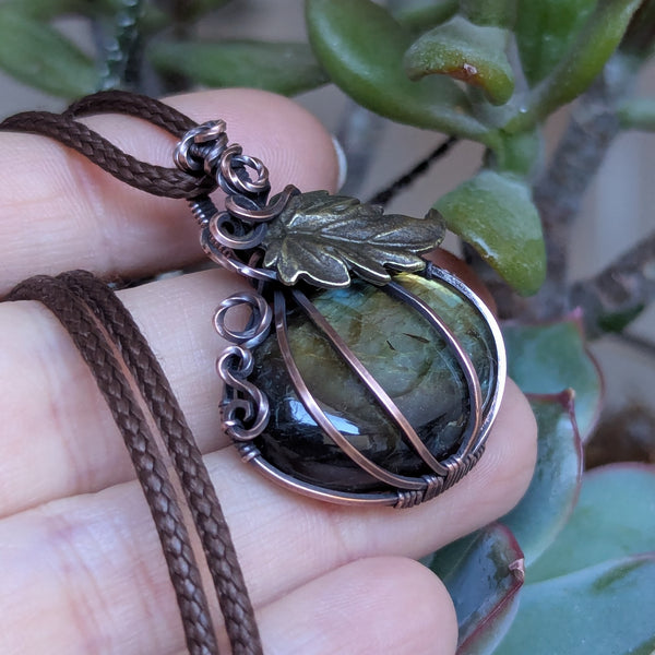 Labradorite Pumpkin Wire Wrapped Pendant in Oxidized Copper
