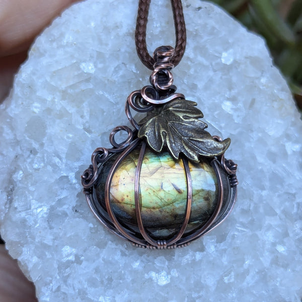 Labradorite Pumpkin Wire Wrapped Pendant in Oxidized Copper
