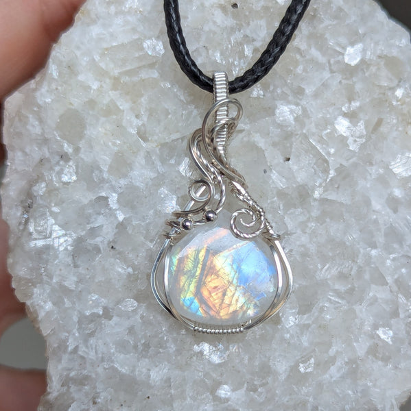 Rainbow Moonstone Wire Wrapped Mini Pendant in Sterling Silver