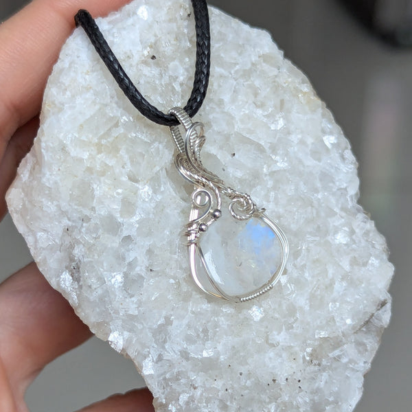 Rainbow Moonstone Wire Wrapped Mini Pendant in Sterling Silver