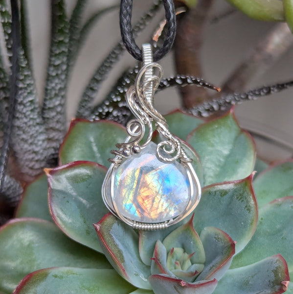 Rainbow Moonstone Wire Wrapped Mini Pendant in Sterling Silver