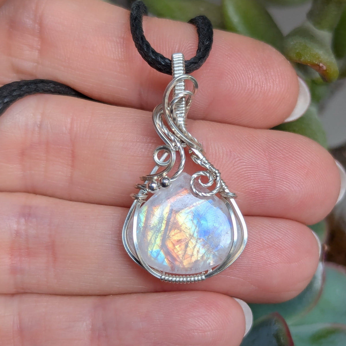 Rainbow Moonstone Wire Wrapped Mini Pendant in Sterling Silver