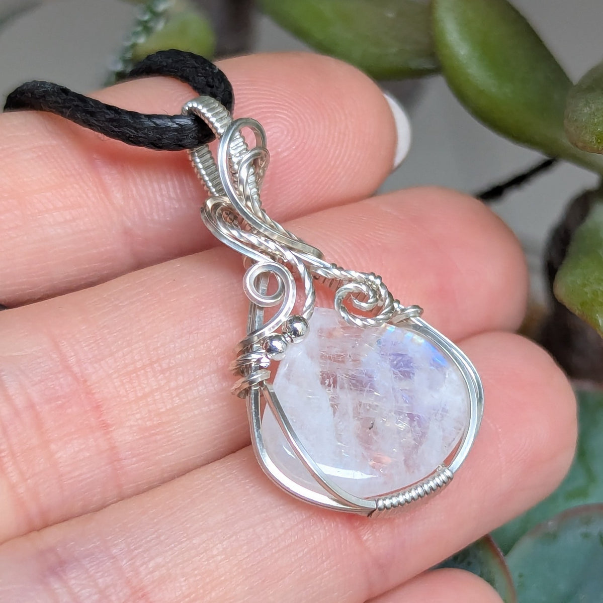 Rainbow Moonstone Wire Wrapped Mini Pendant in Sterling Silver