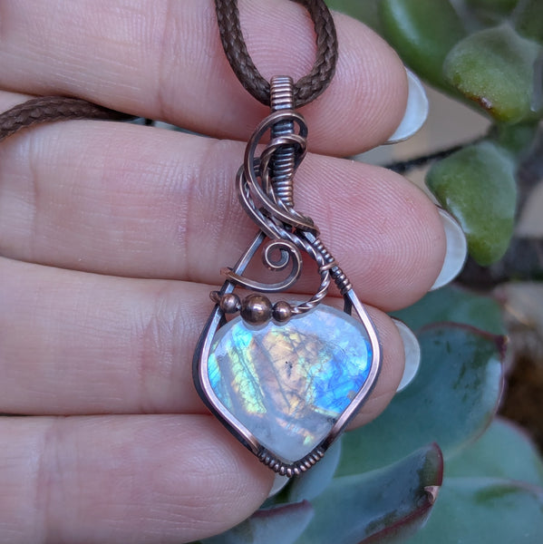 Rainbow Moonstone Wire Wrapped Mini Pendant in Oxidized Copper