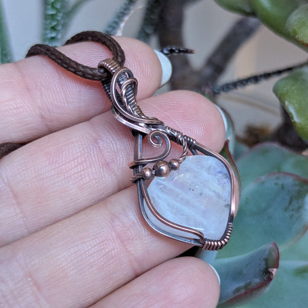 Rainbow Moonstone Wire Wrapped Mini Pendant in Oxidized Copper