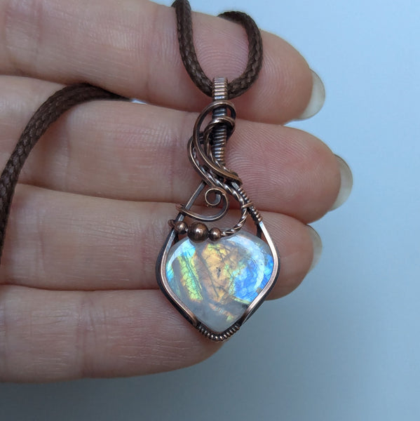 Rainbow Moonstone Wire Wrapped Mini Pendant in Oxidized Copper