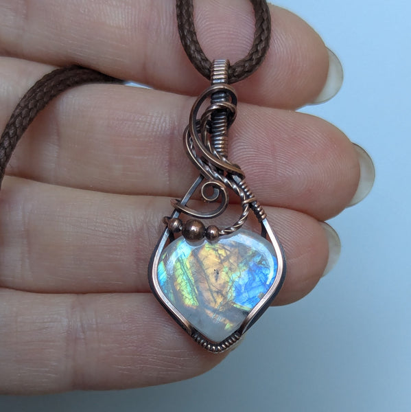Rainbow Moonstone Wire Wrapped Mini Pendant in Oxidized Copper