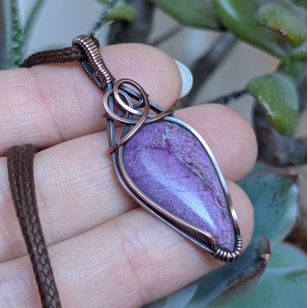 Stichtite Wire Wrapped Pendant in Oxidized Copper