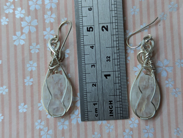 Rainbow Moonstone Wire Wrapped Earrings in Sterling Silver