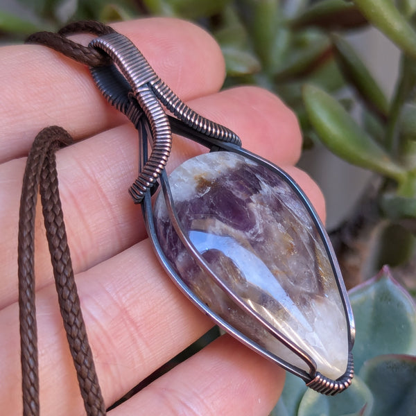 Chevron Amethyst Wire Wrapped Pendant in Oxidized Copper