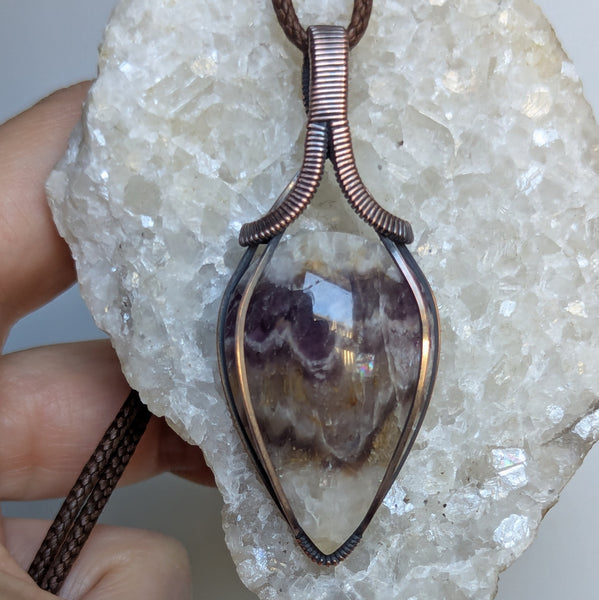 Chevron Amethyst Wire Wrapped Pendant in Oxidized Copper