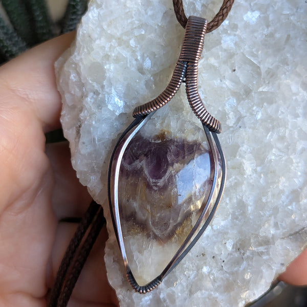 Chevron Amethyst Wire Wrapped Pendant in Oxidized Copper