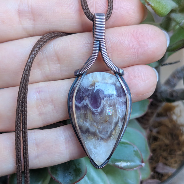 Chevron Amethyst Wire Wrapped Pendant in Oxidized Copper