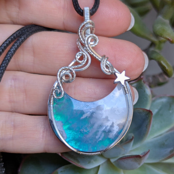 Plume Agate Doublet Crescent Moon Wire Wrapped Pendant in Sterling Silver