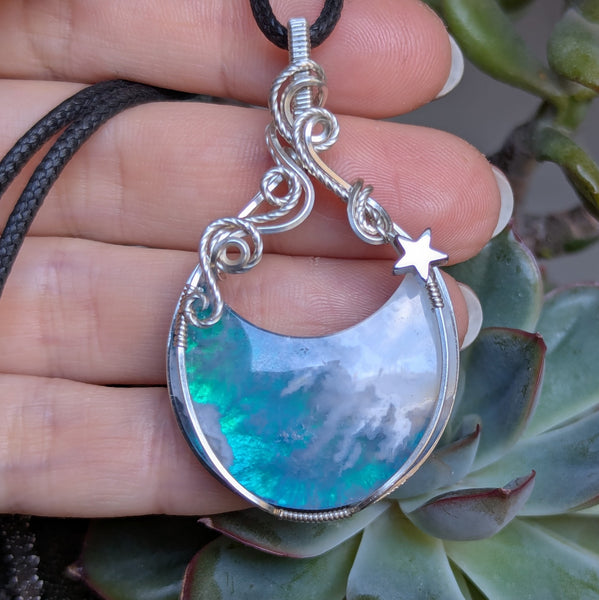 Plume Agate Doublet Crescent Moon Wire Wrapped Pendant in Sterling Silver