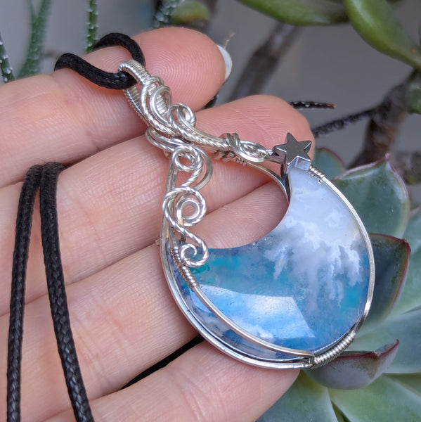 Plume Agate Doublet Crescent Moon Wire Wrapped Pendant in Sterling Silver
