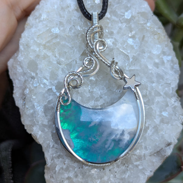 Plume Agate Doublet Crescent Moon Wire Wrapped Pendant in Sterling Silver
