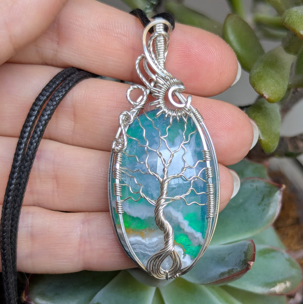 Plume Agate Doublet Wire Wrapped Tree of Life Pendant in Sterling Silver