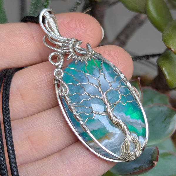 Plume Agate Doublet Wire Wrapped Tree of Life Pendant in Sterling Silver