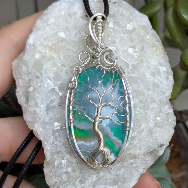 Plume Agate Doublet Wire Wrapped Tree of Life Pendant in Sterling Silver
