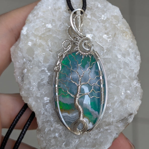 Plume Agate Doublet Wire Wrapped Tree of Life Pendant in Sterling Silver