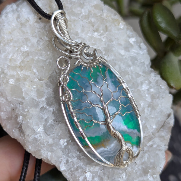 Plume Agate Doublet Wire Wrapped Tree of Life Pendant in Sterling Silver
