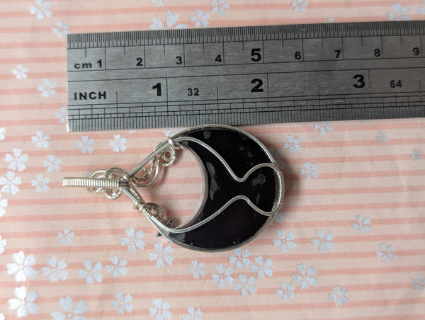 Plume Agate Doublet Crescent Moon Wire Wrapped Pendant in Sterling Silver