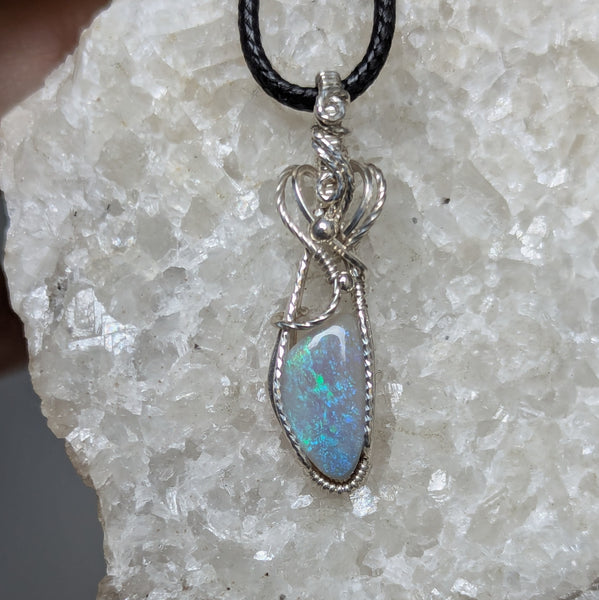 Solid Australian Opal Wire Wrapped Sterling Silver Mini Pendant