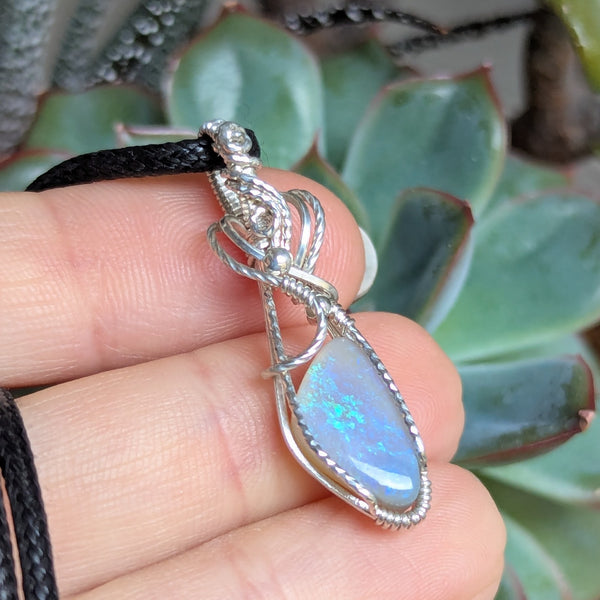 Solid Australian Opal Wire Wrapped Sterling Silver Mini Pendant