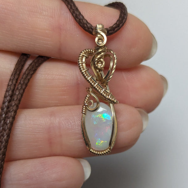 Solid Australian Opal Wire Wrapped Yellow Gold-fill Mini Pendant