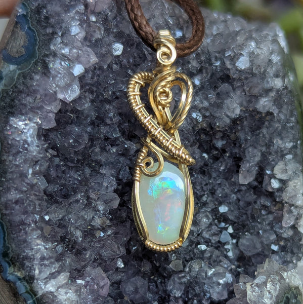 Solid Australian Opal Wire Wrapped Yellow Gold-fill Mini Pendant