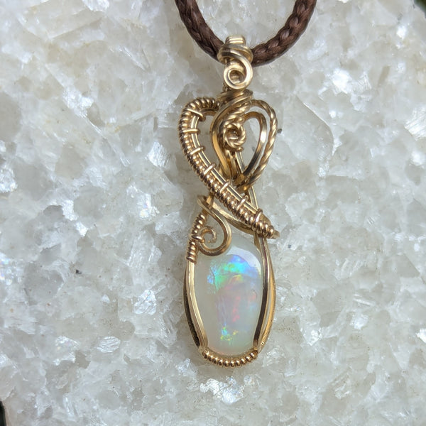Solid Australian Opal Wire Wrapped Yellow Gold-fill Mini Pendant