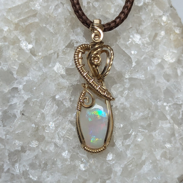 Solid Australian Opal Wire Wrapped Yellow Gold-fill Mini Pendant