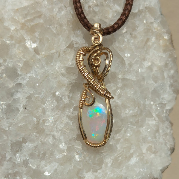 Solid Australian Opal Wire Wrapped Yellow Gold-fill Mini Pendant