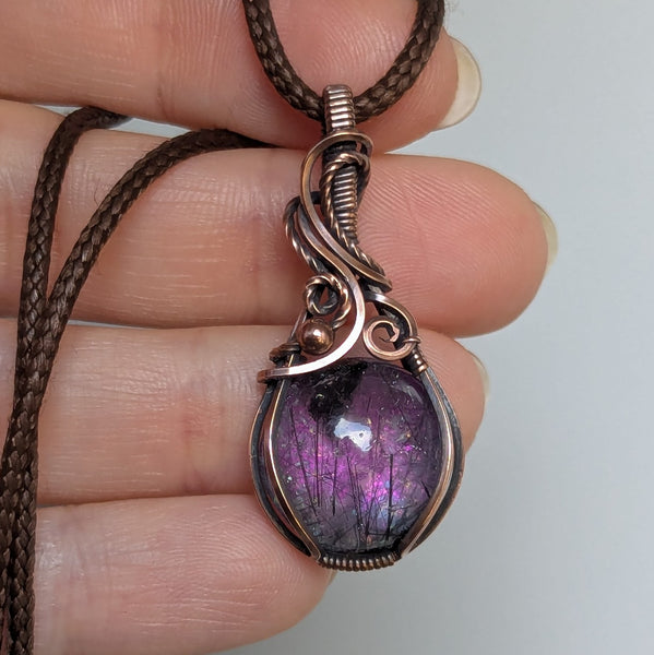 Tourmalinated Quartz Doublet Wire Wrapped Pendant in Oxidized Copper