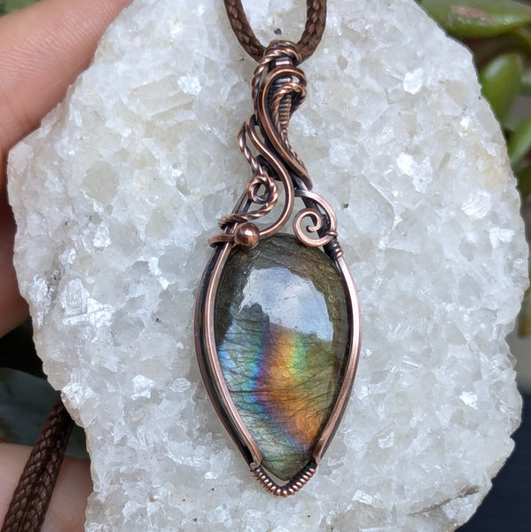 Labradorite Wire Wrapped Pendant in Oxidized Copper