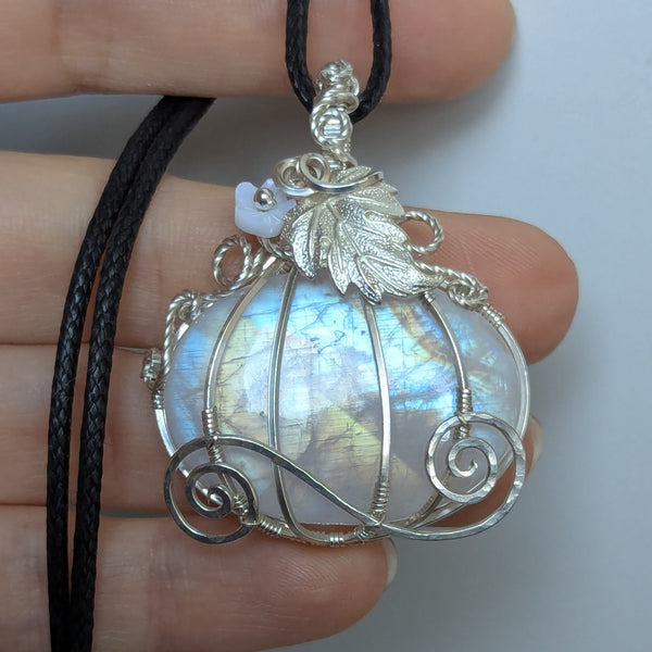 Rainbow Moonstone Pumpkin Carriage Wire Wrapped Sterling Silver Pendant