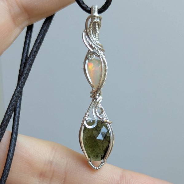 Welo Opal & Rose Cut Moldavite Wire Wrapped Sterling Silver Pendant