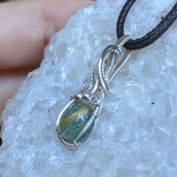 Apatite Rutile Quartz Doublet Mini Wire Wrapped Sterling Silver Pendant