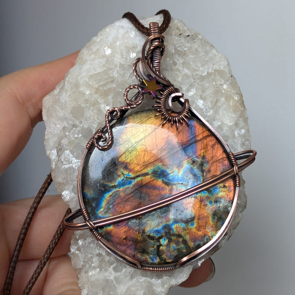 Large Labradorite Planet Wire Wrapped Oxidized Copper Pendant