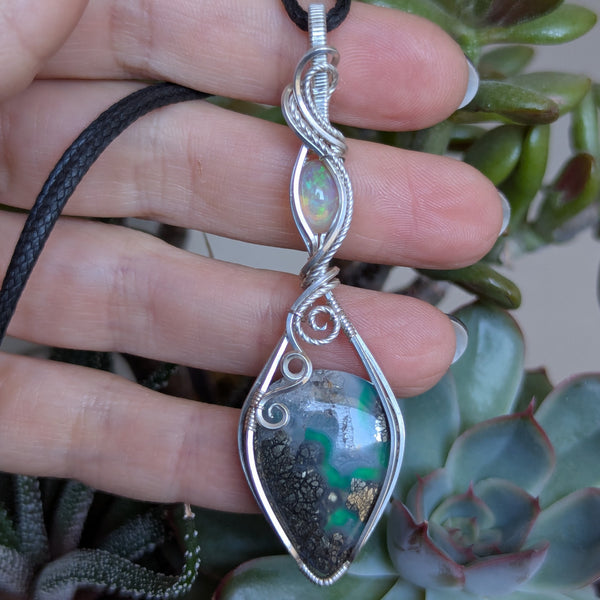 Marcasite Doublet & Welo Opal Wire Wrapped Pendant in Sterling Silver