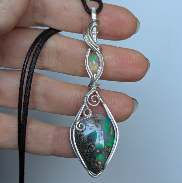 Marcasite Doublet & Welo Opal Wire Wrapped Pendant in Sterling Silver