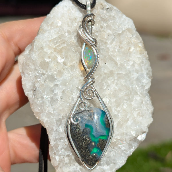 Marcasite Doublet & Welo Opal Wire Wrapped Pendant in Sterling Silver