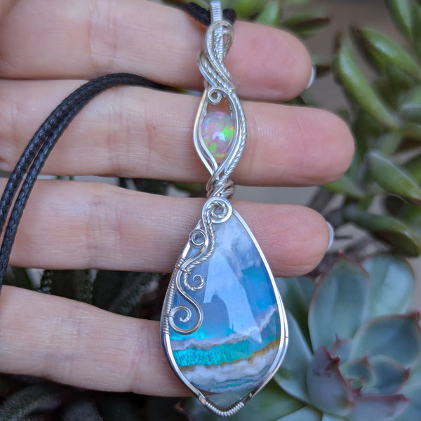 Plume Agate Doublet & Welo Opal Wire Wrapped Pendant in Sterling Silver