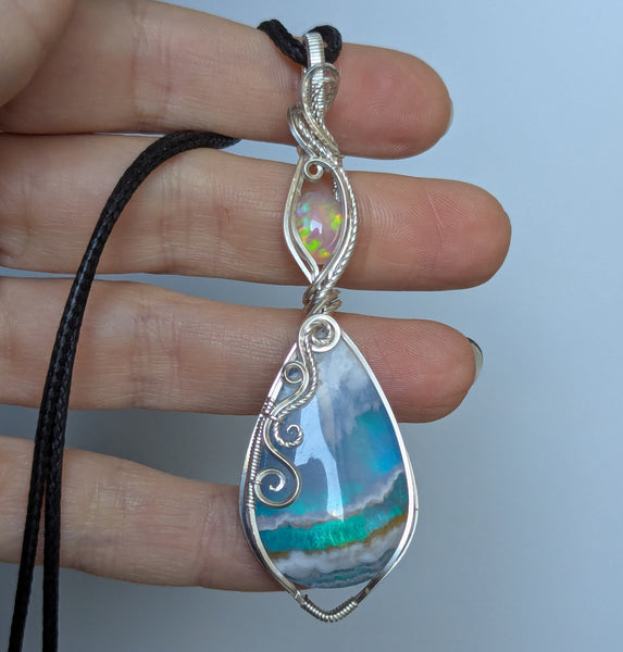 Plume Agate Doublet & Welo Opal Wire Wrapped Pendant in Sterling Silver